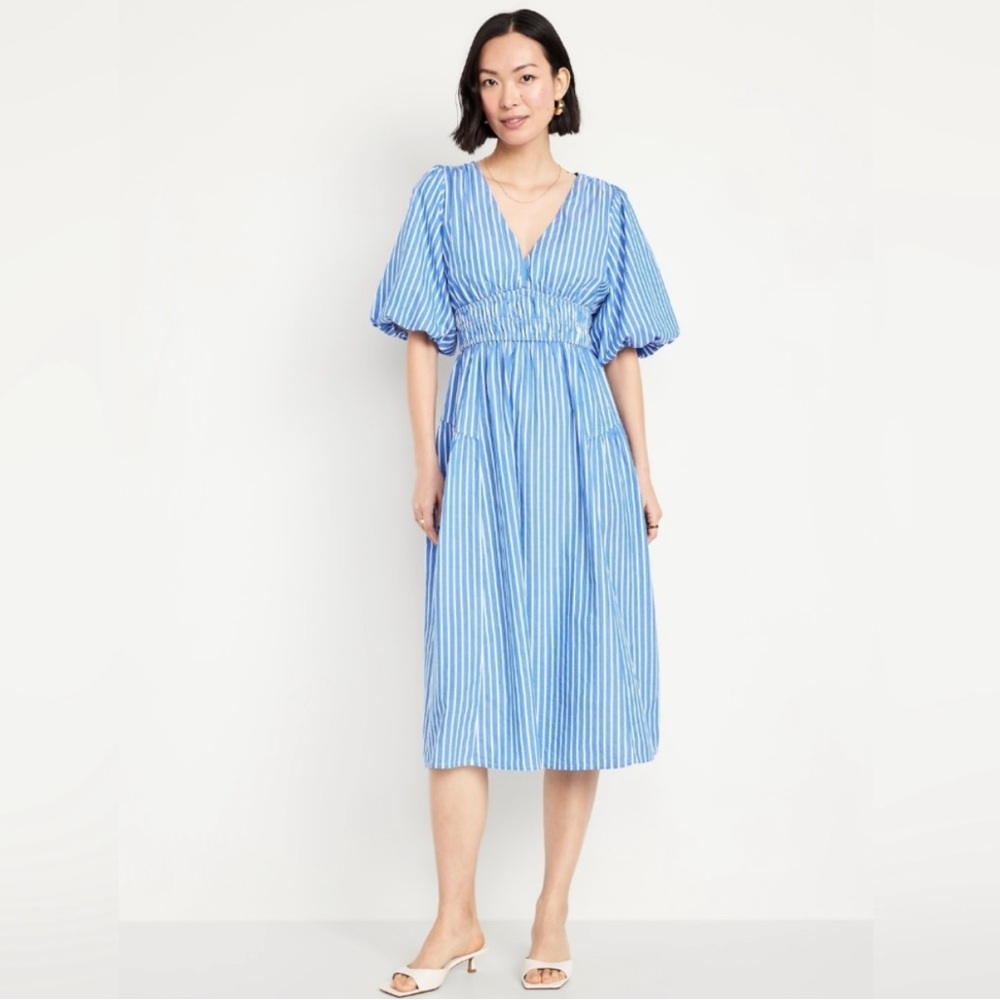 Waist-Defined Puff Sleeve Midi Dress, White & Blue Stripe